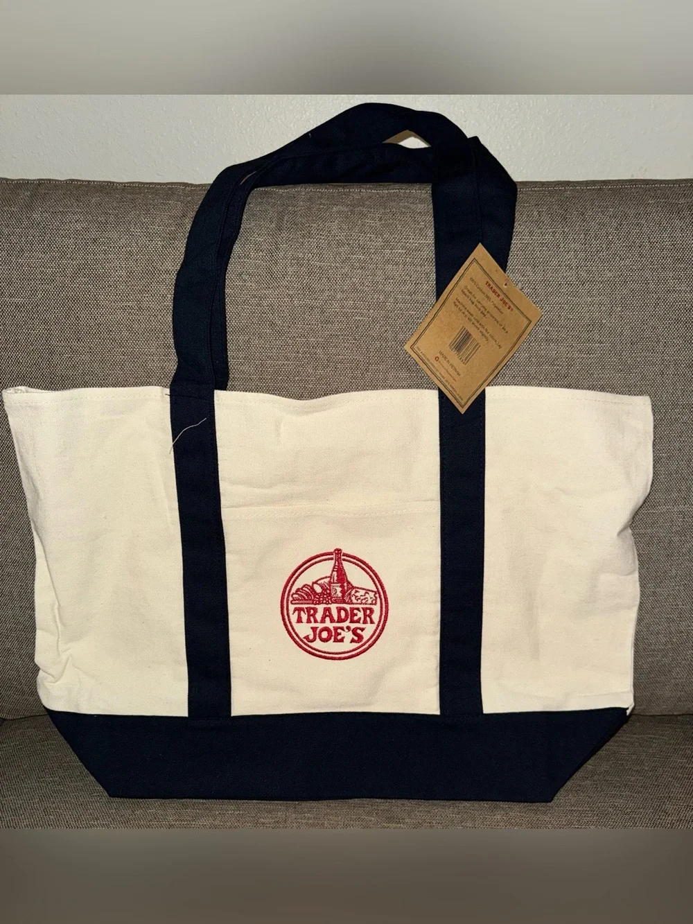 Trader Joe's Canvas Tote Bag in Cream and Blue